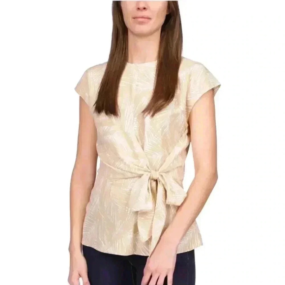 Michael Kors Printed Wrap Top Beige Tie Closure Round Hem Cap L75421 Womens Sz M - Picture 3 of 6
